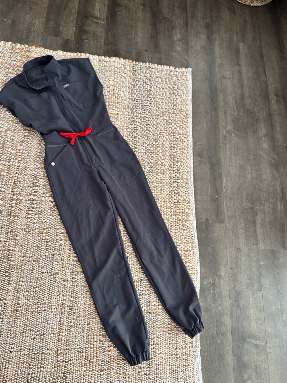 Figs dark gray Utility Jumpsuit with Red Waist Tie - Picture 3 of 4